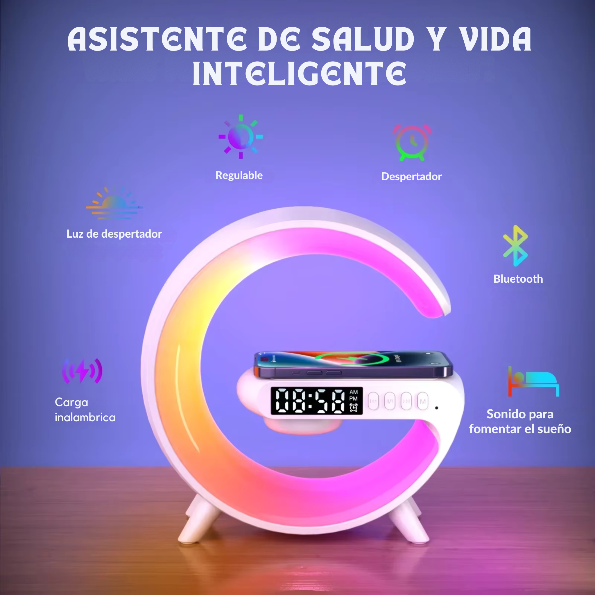 Cargador inalámbrico multifunción, altavoz despertador con luz  para iPhone, Samsung, Xiaomi,